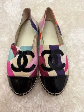 CHANEL Multicolor Canvas Espadrilles with Black Patent Cap Toe
